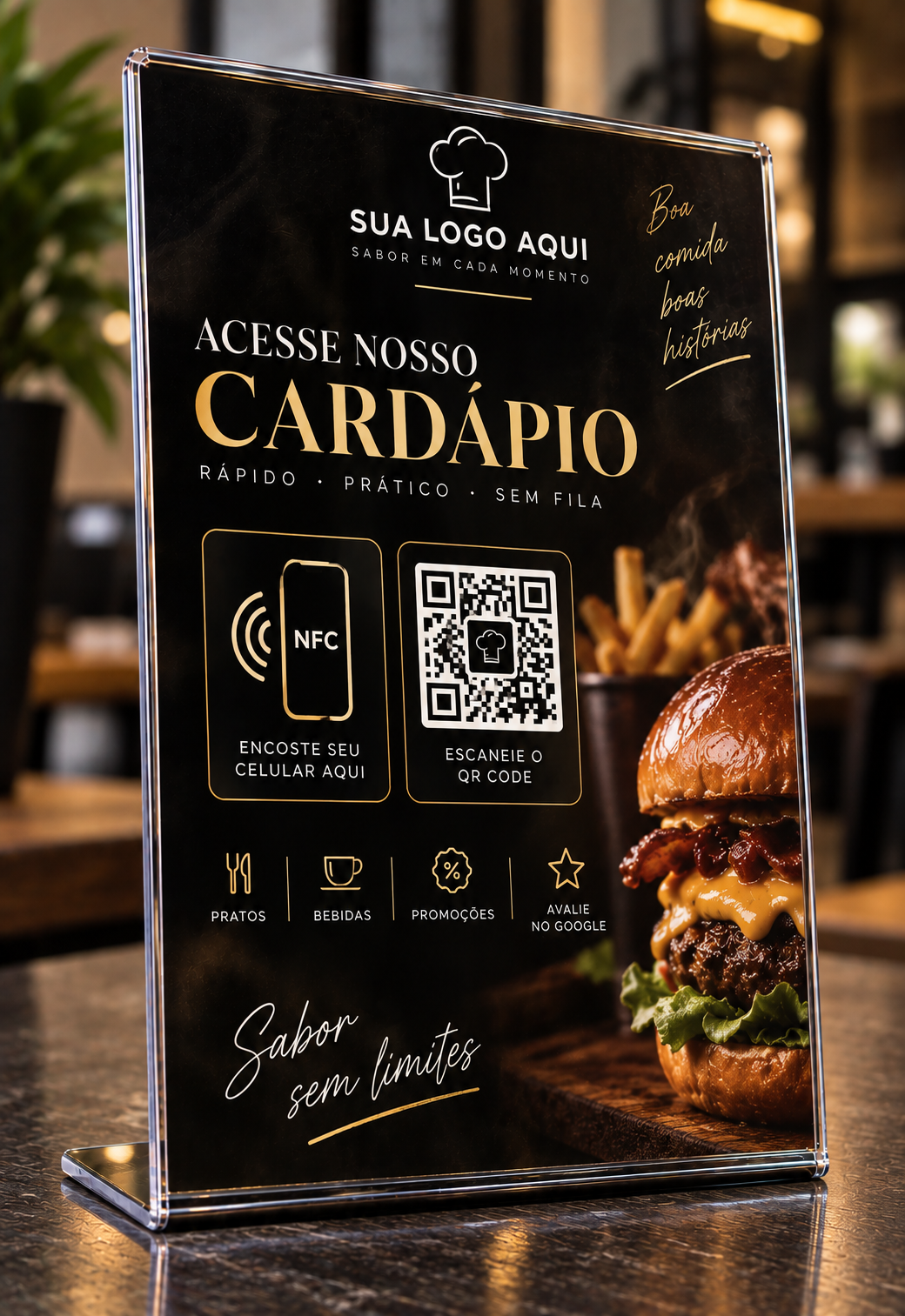 Exemplo de placa acrílica para cardápio com QR Code e NFC